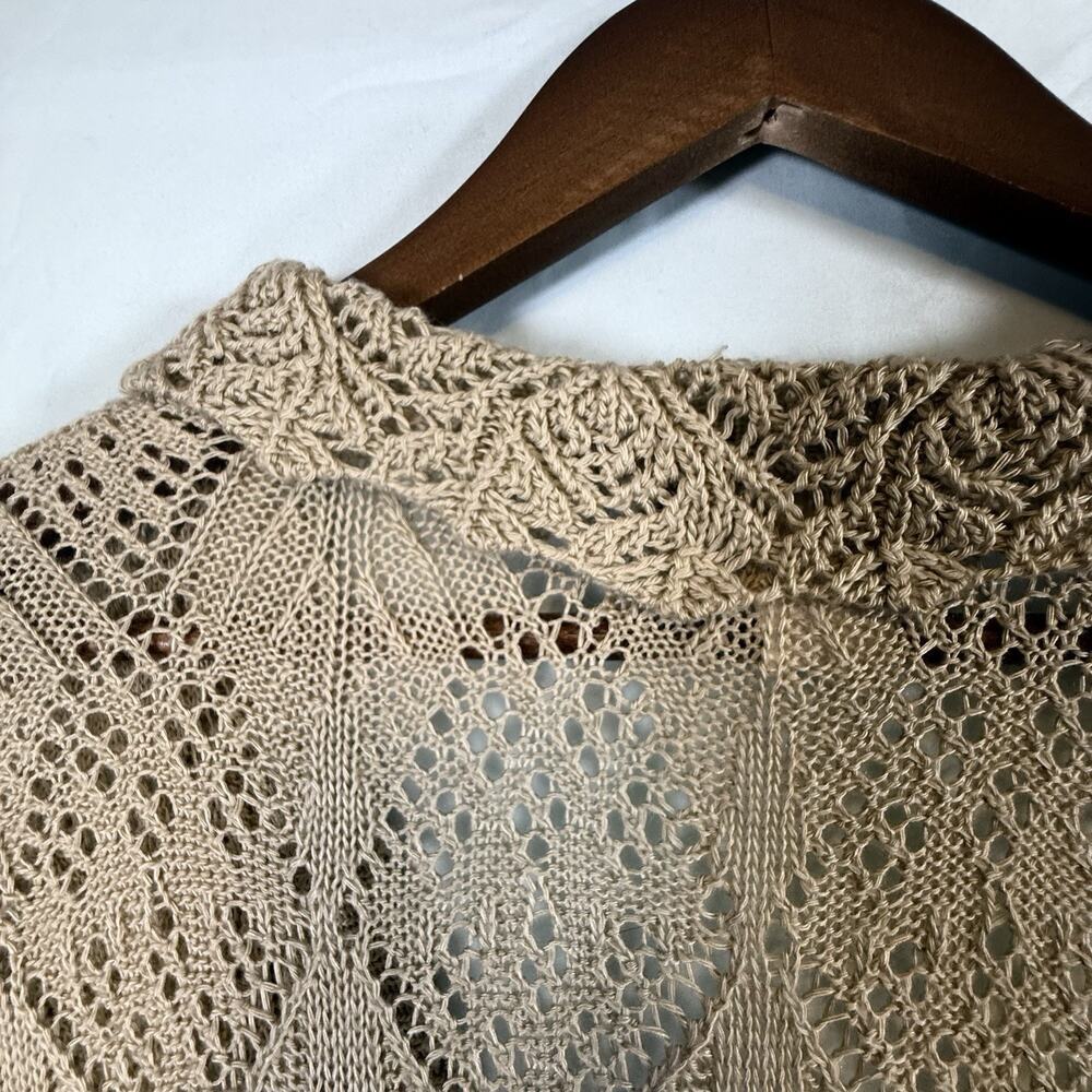 VTG Y2k Crochet Open Knit Tie Front Cardigan Wrapper SIZE MEDIUM Tan USA Ruffle - Picture 9 of 12
